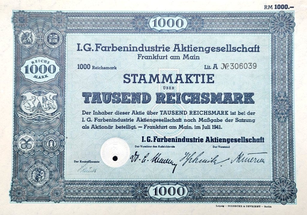 IG FARBEN aandeel (Zyklon B) 1941 uitgave!, Verzamelen, Ophalen of Verzenden, Overige typen
