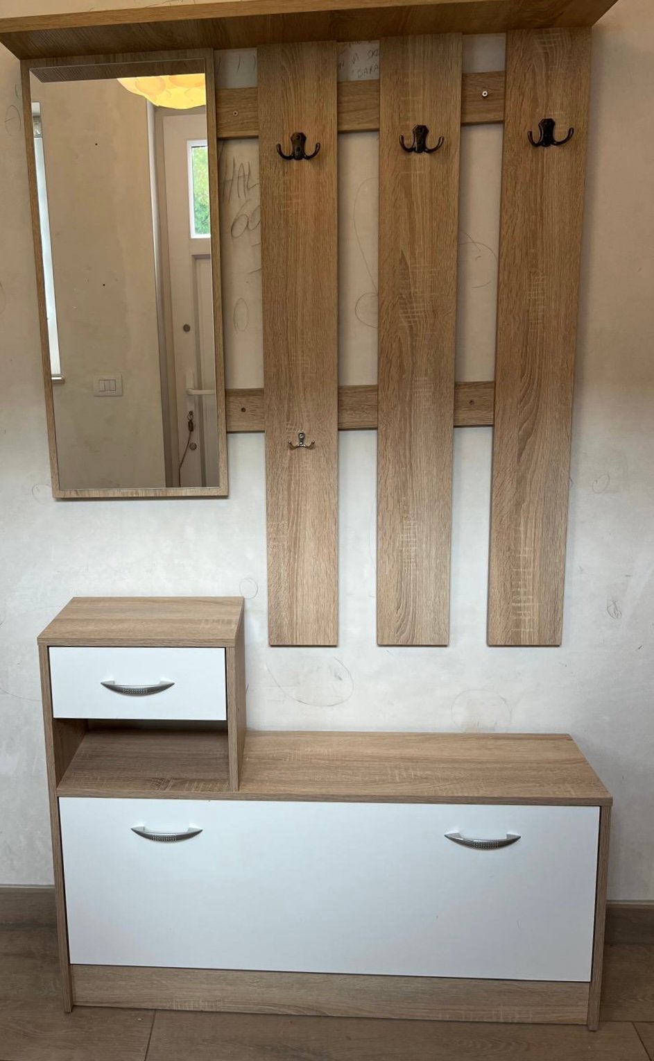 Meuble d’entrée complet avec miroir et rangements, Maison & Meubles, Enlèvement, Comme neuf