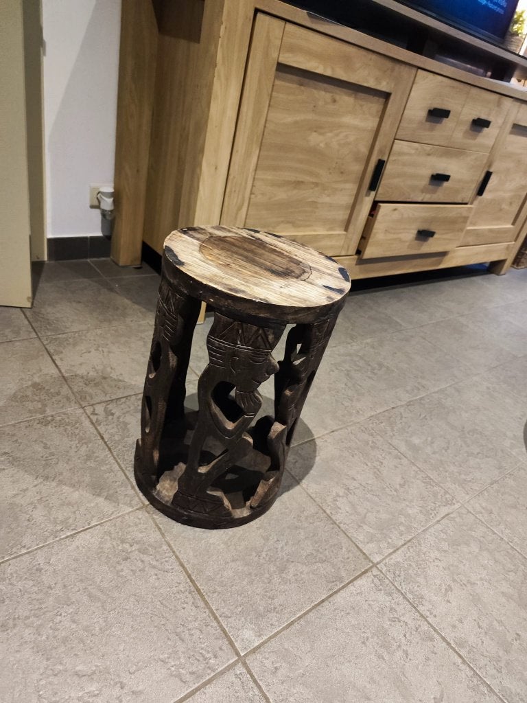 Handgesneden houten bijzettafel/kruk, Ophalen, Minder dan 45 cm, Minder dan 55 cm, Rond