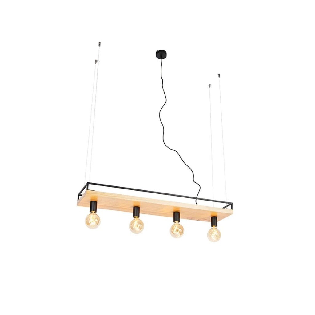 Industriële hanglamp zwart met hout 4-lichts- Shelf, Ophalen, Nieuw, E27 (groot), Industrieel