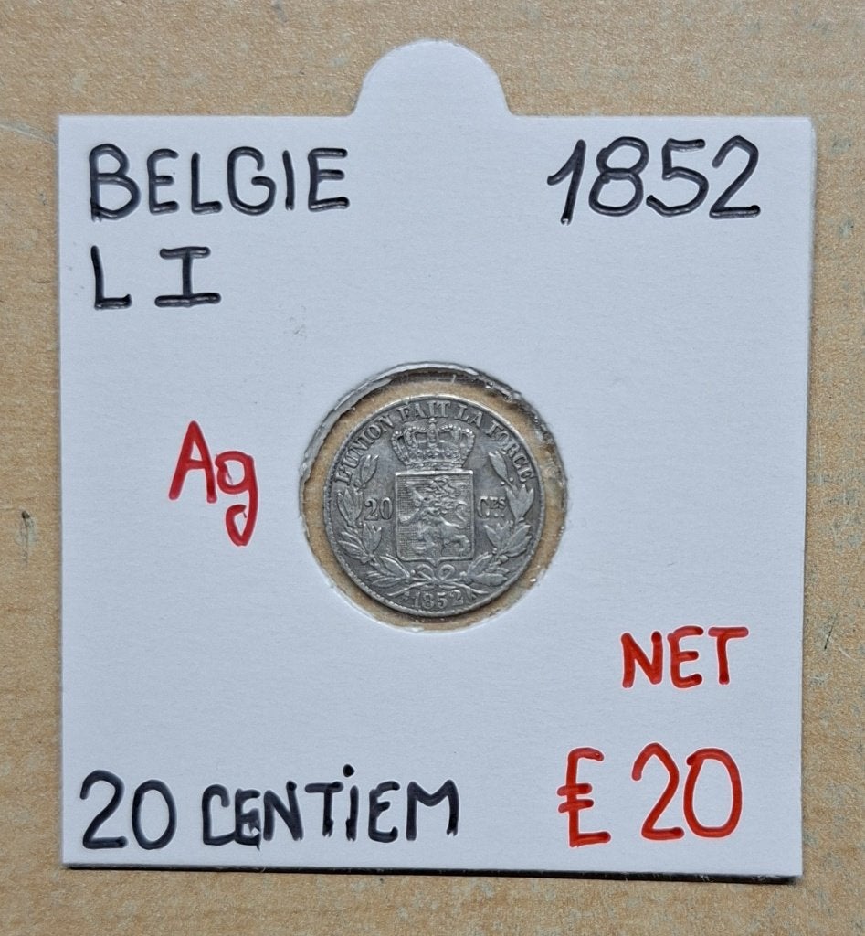 20 CENTIEM 1852    LEOPOLD I    BELGIE    ZILVER    € 20, Enlèvement ou Envoi, Monnaie en vrac, Argent, Argent