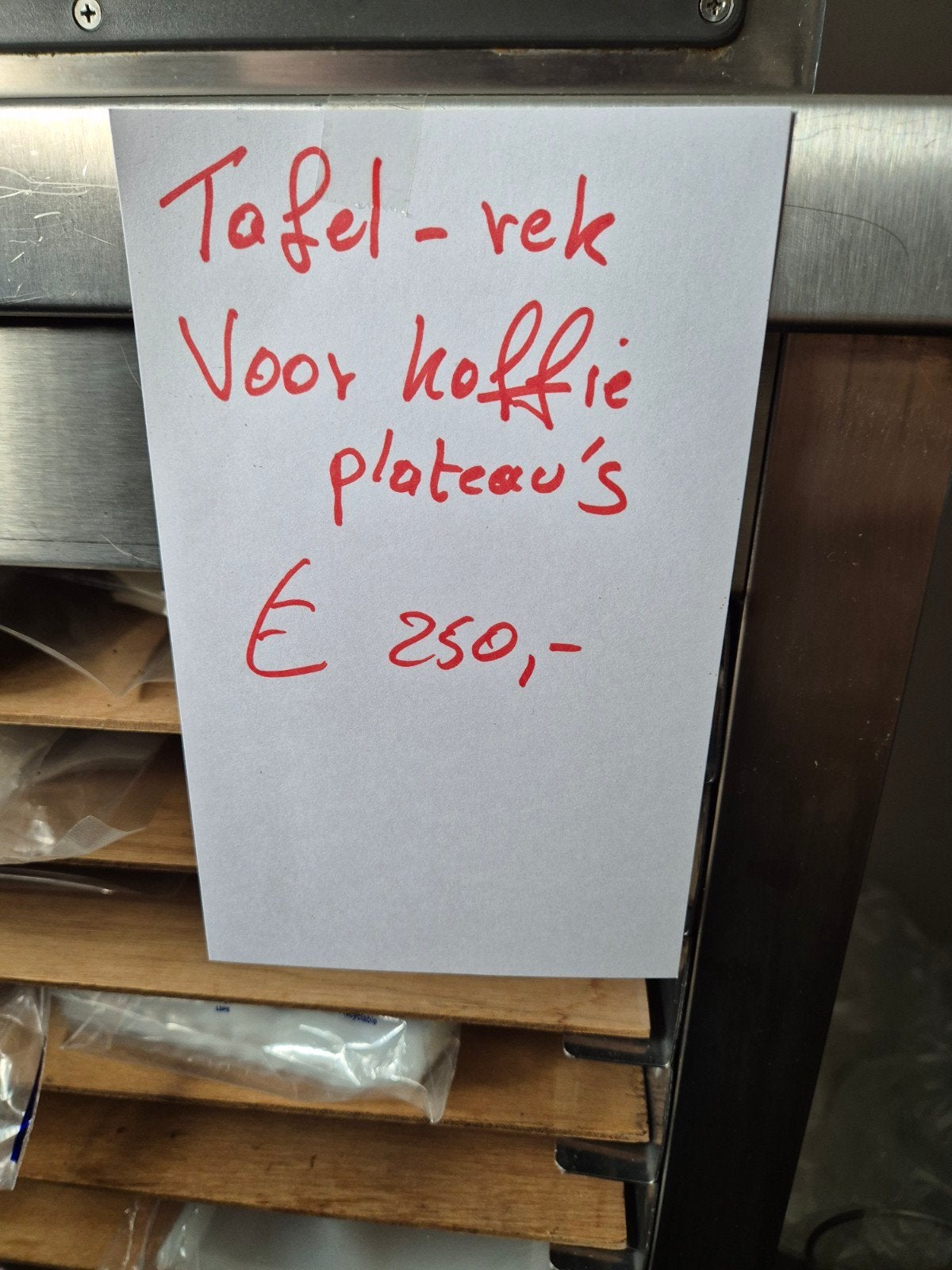 inox tafel met houten leggers voor koffieplateau of vacuüm, Ophalen, Gebruikt