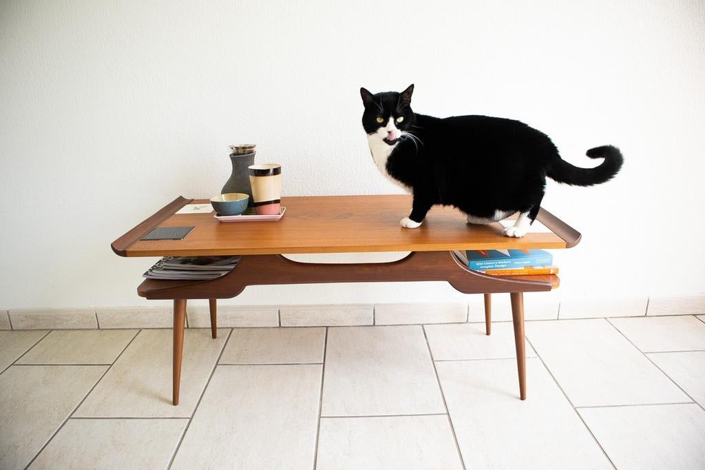 Vintage MCM koffietafel met keramiek, Huis en Inrichting, Ophalen, 100 tot 150 cm, Teakhout, 50 tot 100 cm
