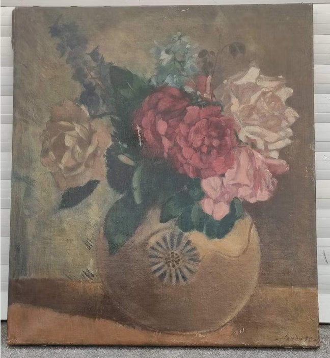 Huile sur toile fleurs signe jean laudy, Antiquités & Art, Enlèvement ou Envoi, Fleurs, Toile