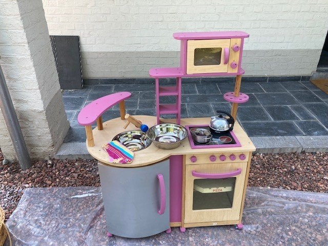 Kleine houten keuken en plastic eethoek, Ophalen, Gebruikt, Hout, Speelkeuken