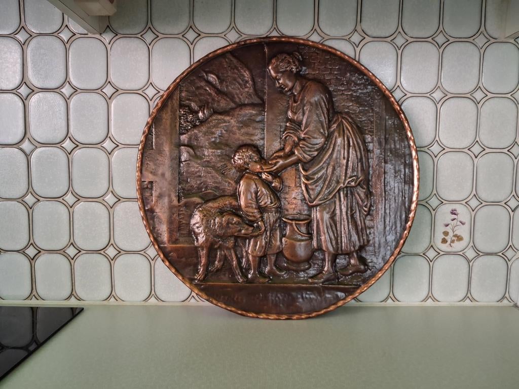 Antieke grote koperen wandplaat uit eind 19de eeuw., Antiek en Kunst, Ophalen