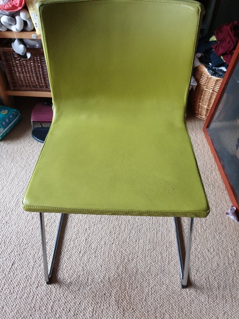 3 limoengroene stoelen, leer, Maison & Meubles, Chaises, Trois, Autres couleurs, Comme neuf, Enlèvement