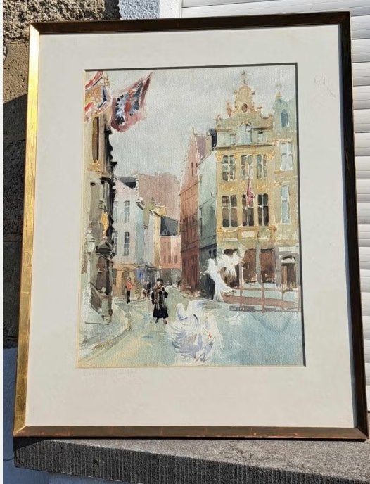 aquarelle bruxelles grand place signe, Antiquités & Art, Art | Peinture | Classique, Enlèvement ou Envoi, Aquarelle
