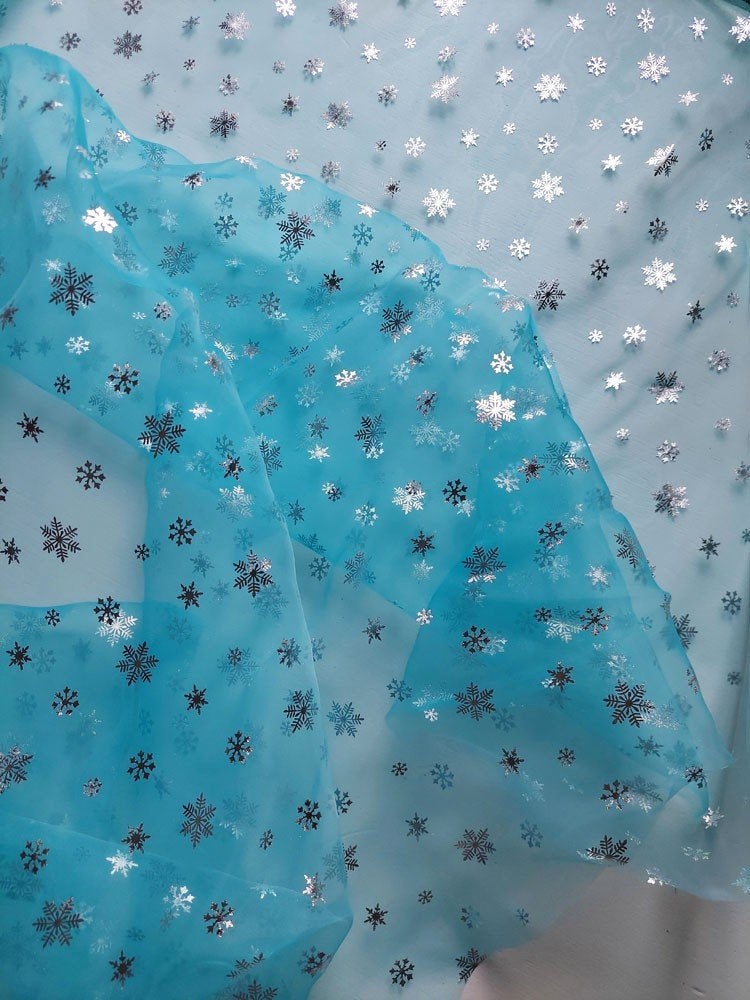 5451) 5 mètres organza à paillet flocon de neige bleu, Neuf, 120 cm ou plus, Polyester, Bleu
