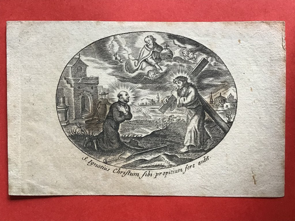 18e Gravure Sint Ignatius in een visioen, Religie, Ophalen of Verzenden, Met tekst, 1700 - 1799