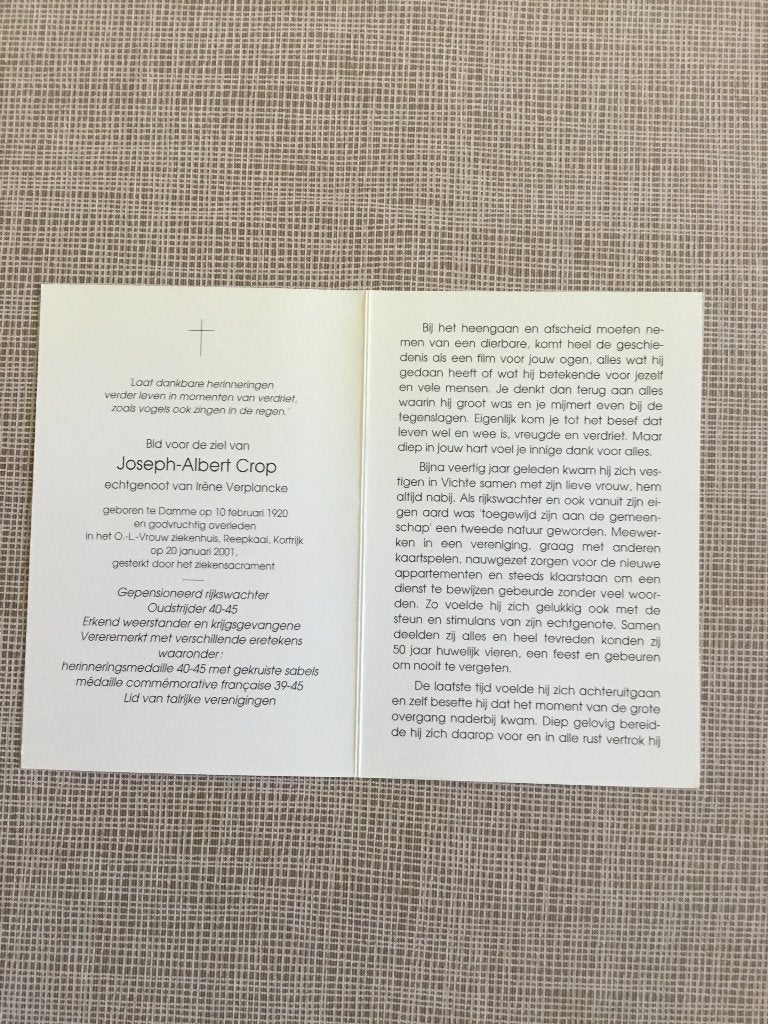 Rijkswachter Croo Damme +Kortrijk 2001    Verplancke, Verzamelen, Bidprentjes en Rouwkaarten, Verzenden, Bidprentje