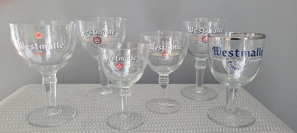 6 verschillende Westmalle glazen, Ophalen, Nieuw, Bierglas