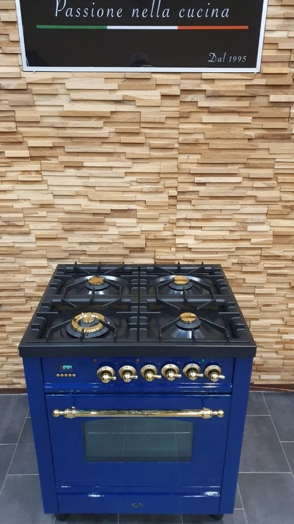 Luxe Boretti Fornuis 70cm konings blauw + messing 4 pits, Gaz, Classe énergétique A ou plus économe, 4 zones de cuisson, Comme neuf