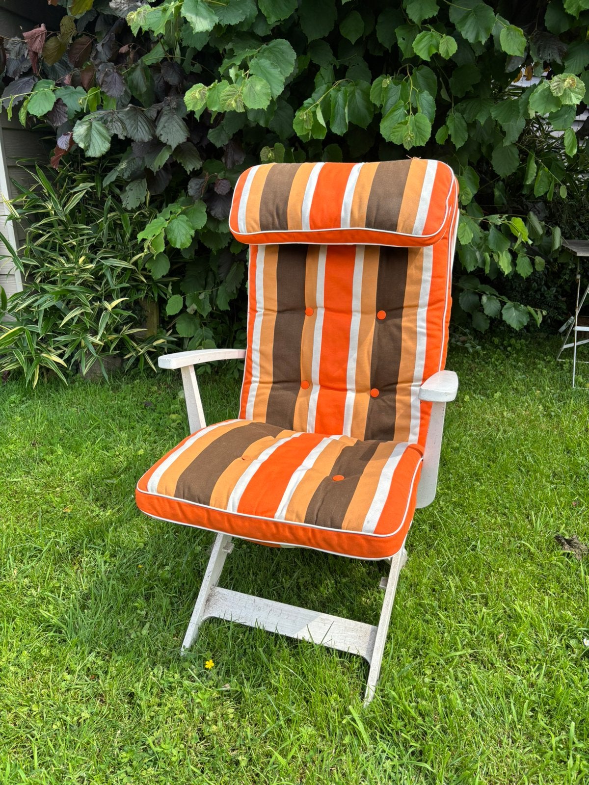 4 Tuinstoelen Grosfilex retro vintage kussens oranje bruin, Ophalen, Gebruikt