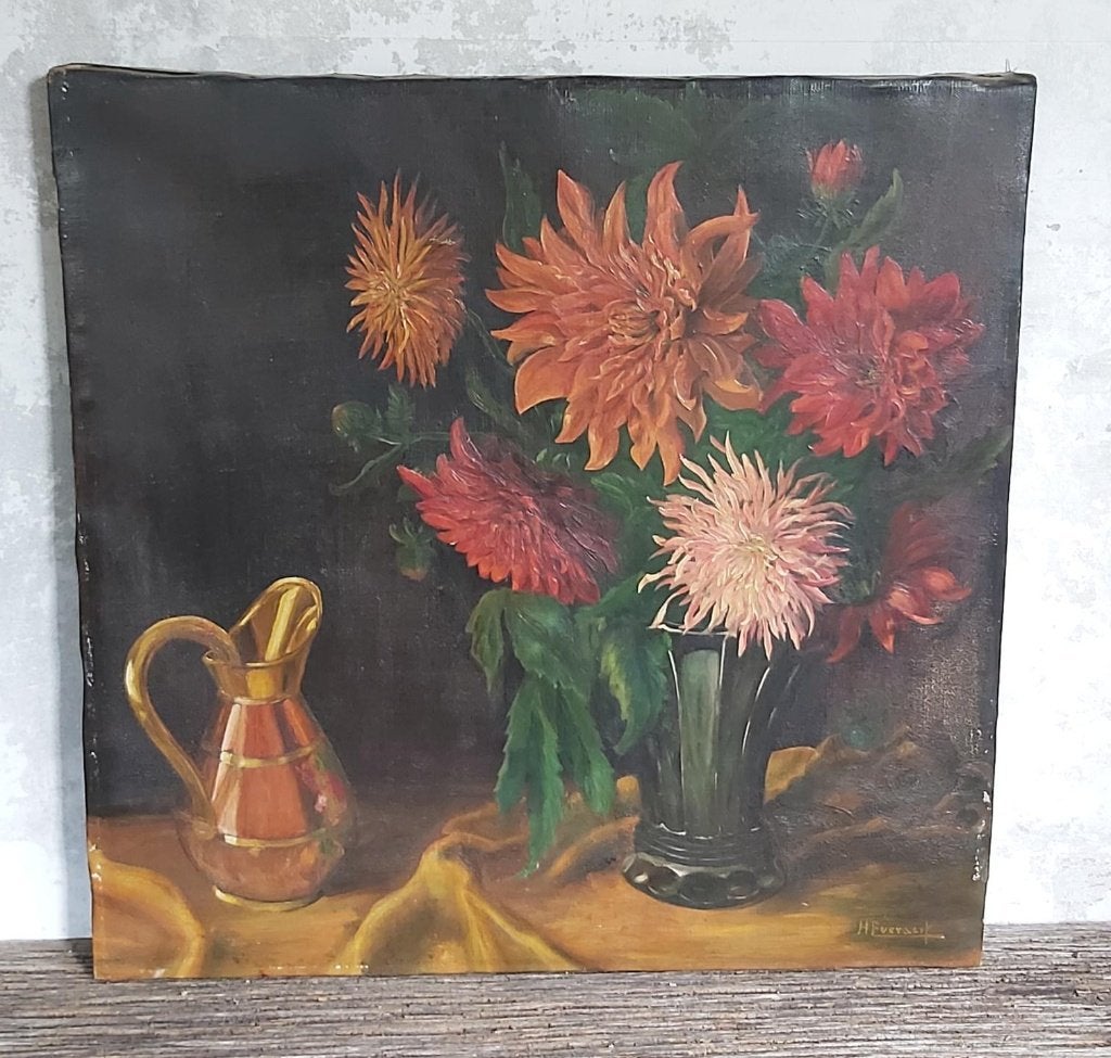 Prachtig donker olieverf schilderij /stilleven Dahlia's, Enlèvement ou Envoi, Peinture à l'huile, Signé, Toile