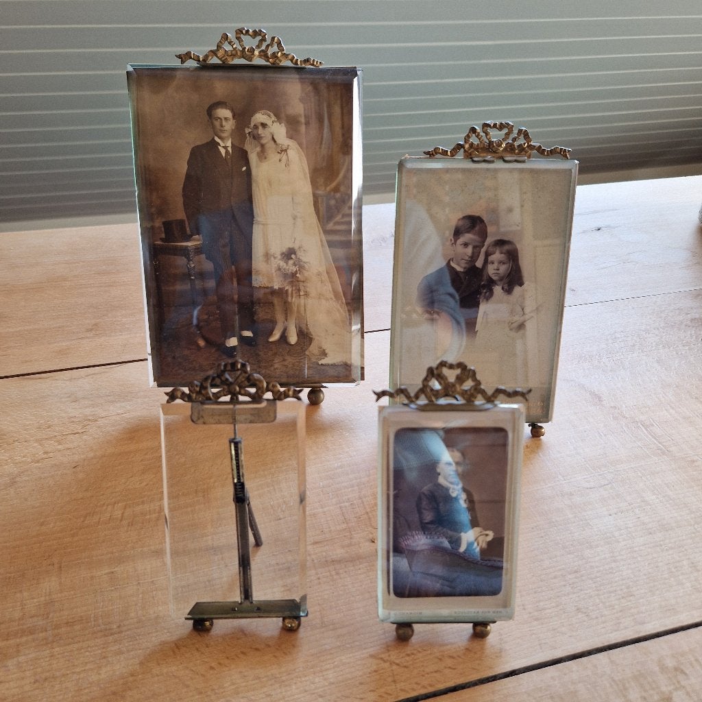 antieke fotokaders - koper -strik bovenaan - dikke glasplaat, Ophalen of Verzenden