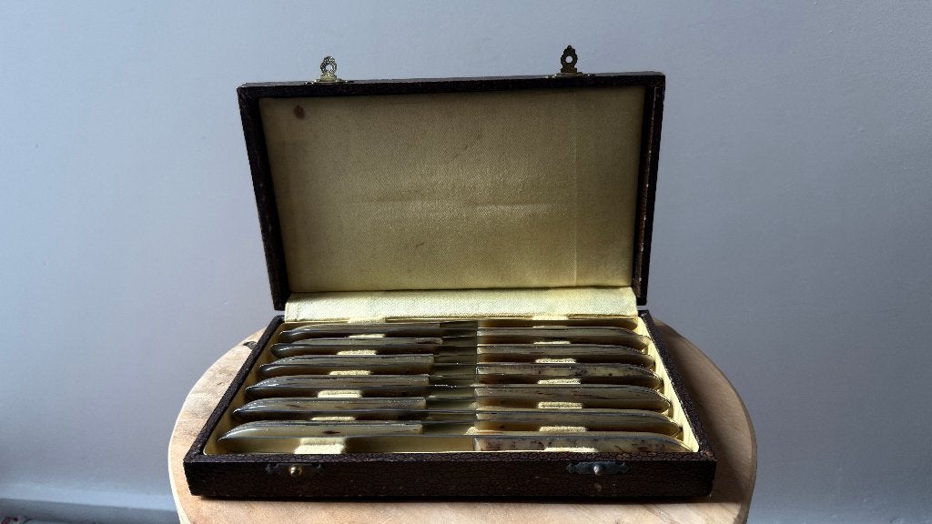 Vintage 12-Delige Messenset met Hoornlook Handvaten, Overige materialen, Gebruikt, Bestekset, Ophalen of Verzenden