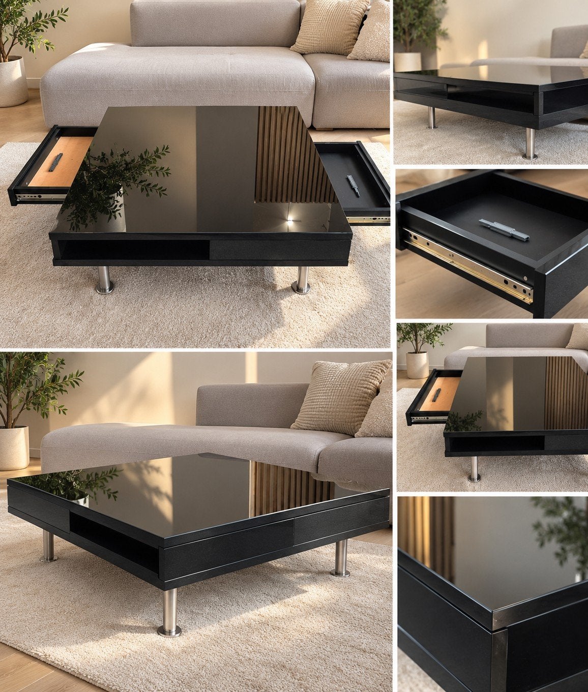 Table basse noire avec verre miroir et tiroirs de rangement, Enlèvement