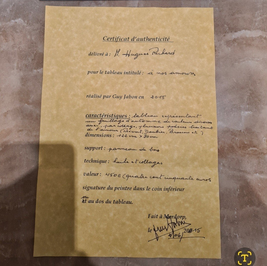 tableau 2015 "A nos amours"signé Guy Jabon avec certificat, Enlèvement ou Envoi