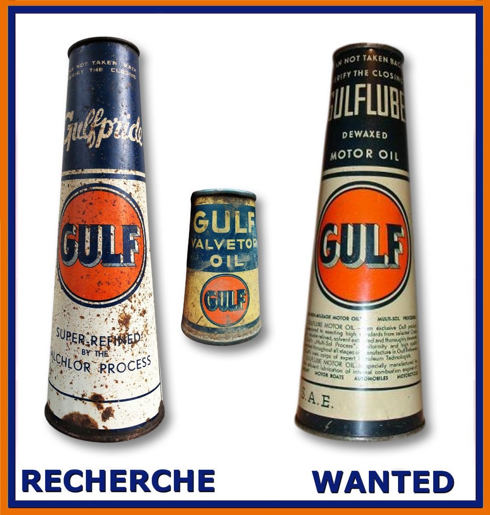 gezocht olie blik conische gulf 1930, Ophalen, Gebruikt, Reclamebord