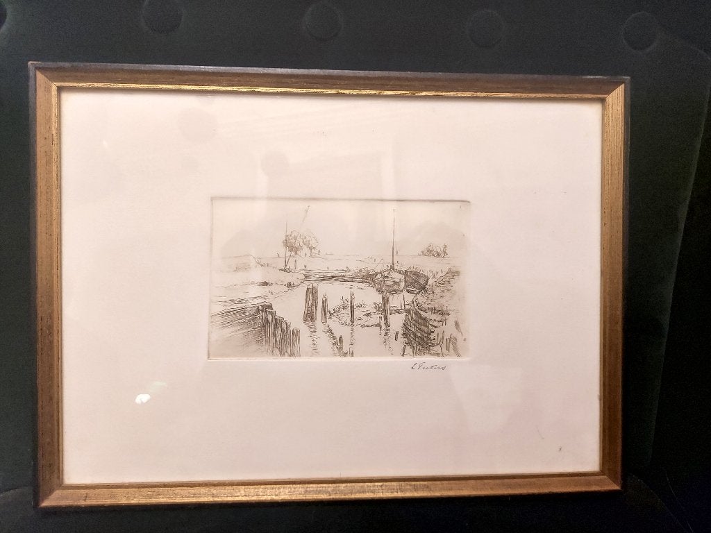 Vintage ets, kreek, sloep met zeil, Louis Peeters, Antwerpen, Ophalen of Verzenden