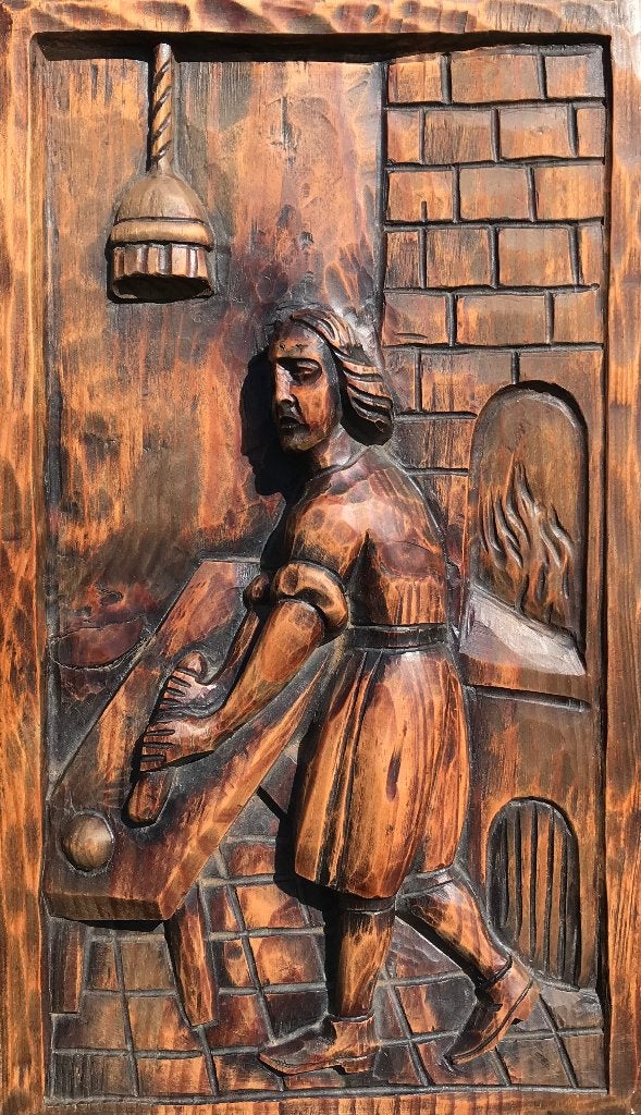 bas reliëf in hout, Antiek en Kunst, Ophalen, Handgemaakt, 20 - 50 cm, Scène