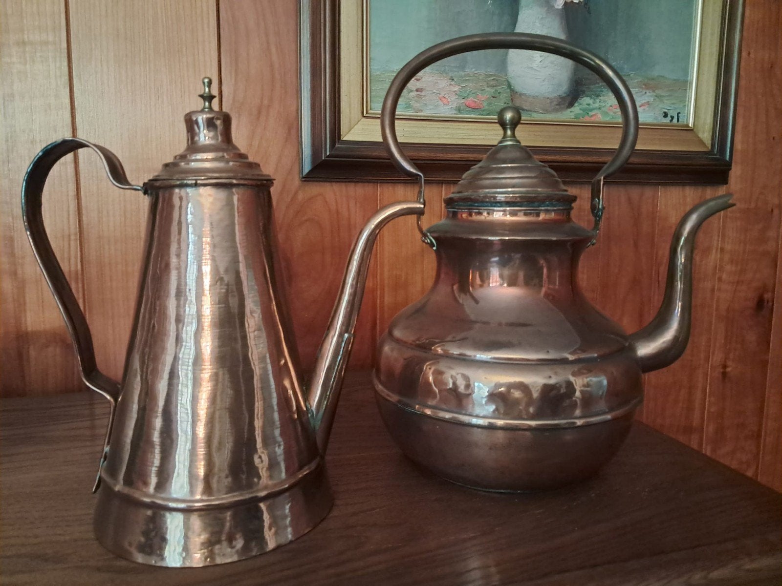 Koperen koffiekan en waterketel., Ophalen