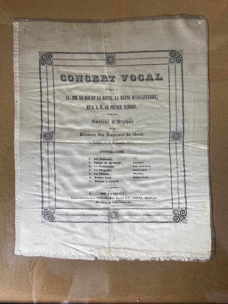 Document historique sur soie 1843 Visite Royale Anvers, Enlèvement