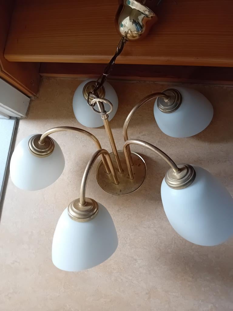 Luster in koper met 5 glazen kapjes. Degelijke kwaliteit, Ophalen, Zo goed als nieuw, Glas, Modern-klassiek