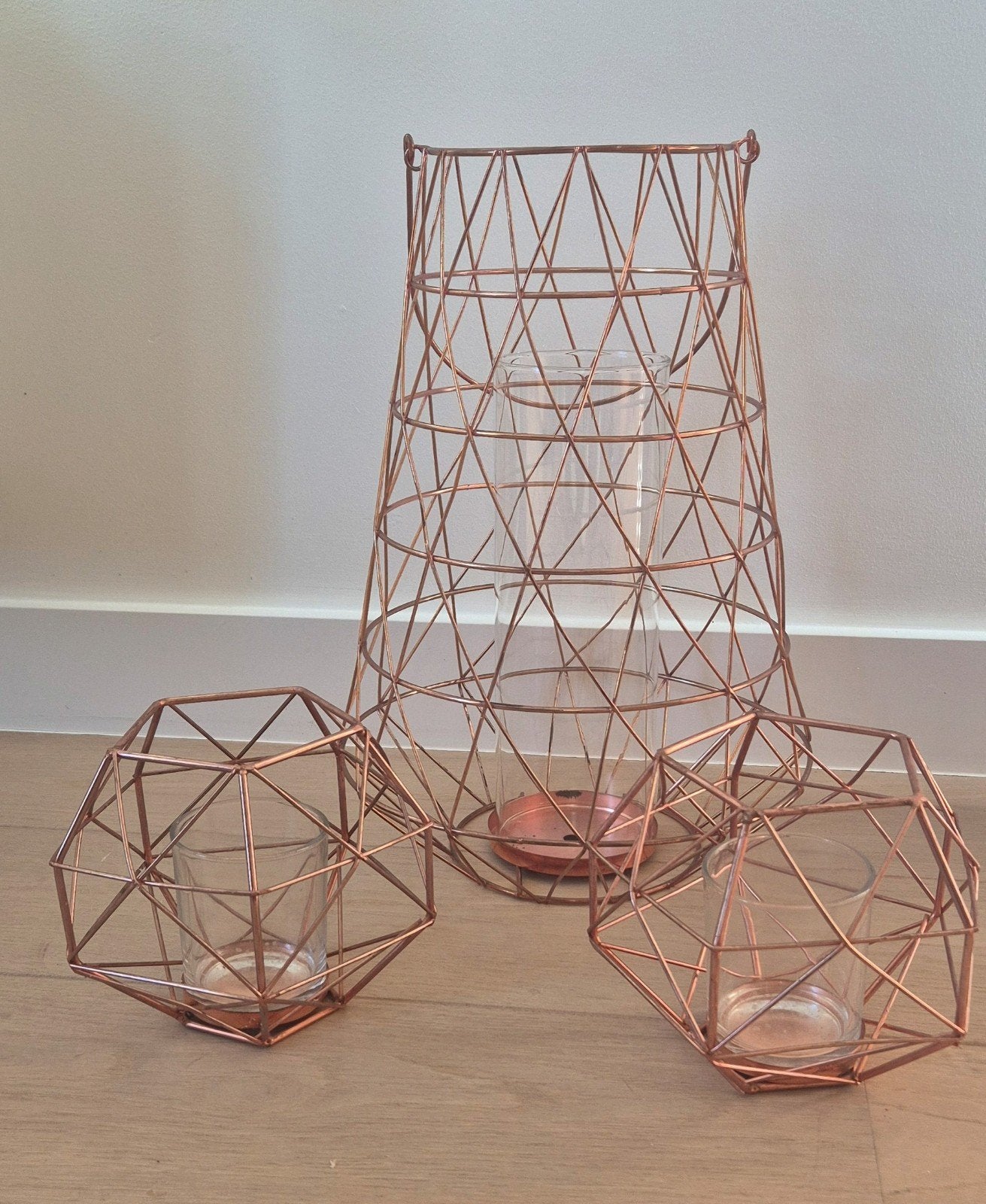 3-Delige Geometrische Windlichten Set – Koper / Roségoud, Ophalen, Goud