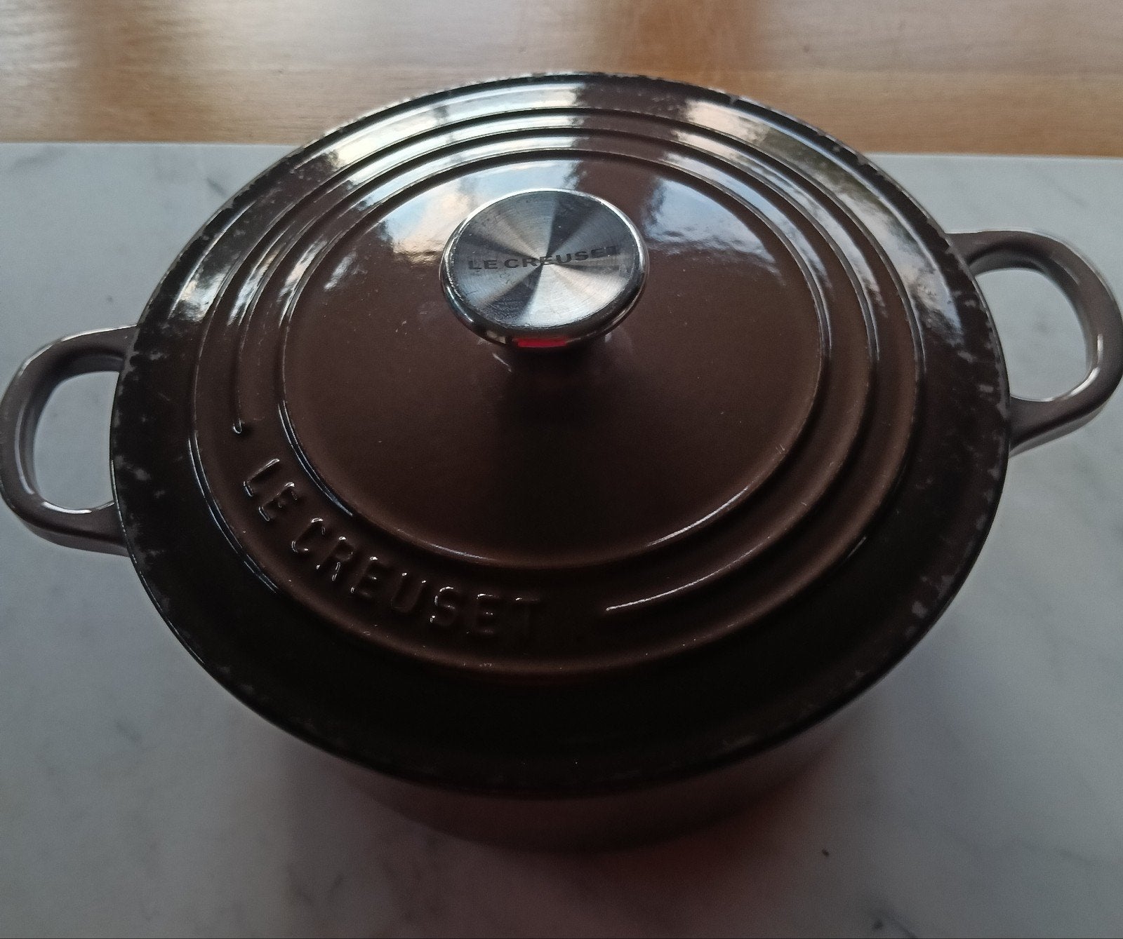 Kookpot Le Creuset 22 cm donker bruin, Huis en Inrichting, Le Creuset, Ophalen of Verzenden, Zo goed als nieuw, Vaatwasserbestendig