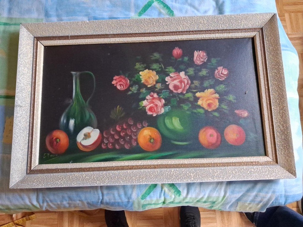 Nature morte vintage peinte à la main sur toile — signée, Signé, Enlèvement, Toile, Nature morte