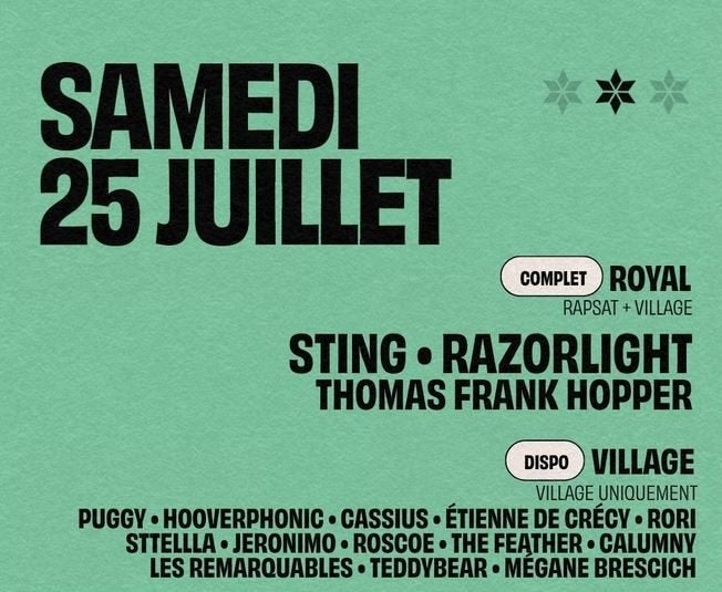 2 tickets ROYAL pour le 25/07 Francofolies de Spa (Sting), Tickets en Kaartjes