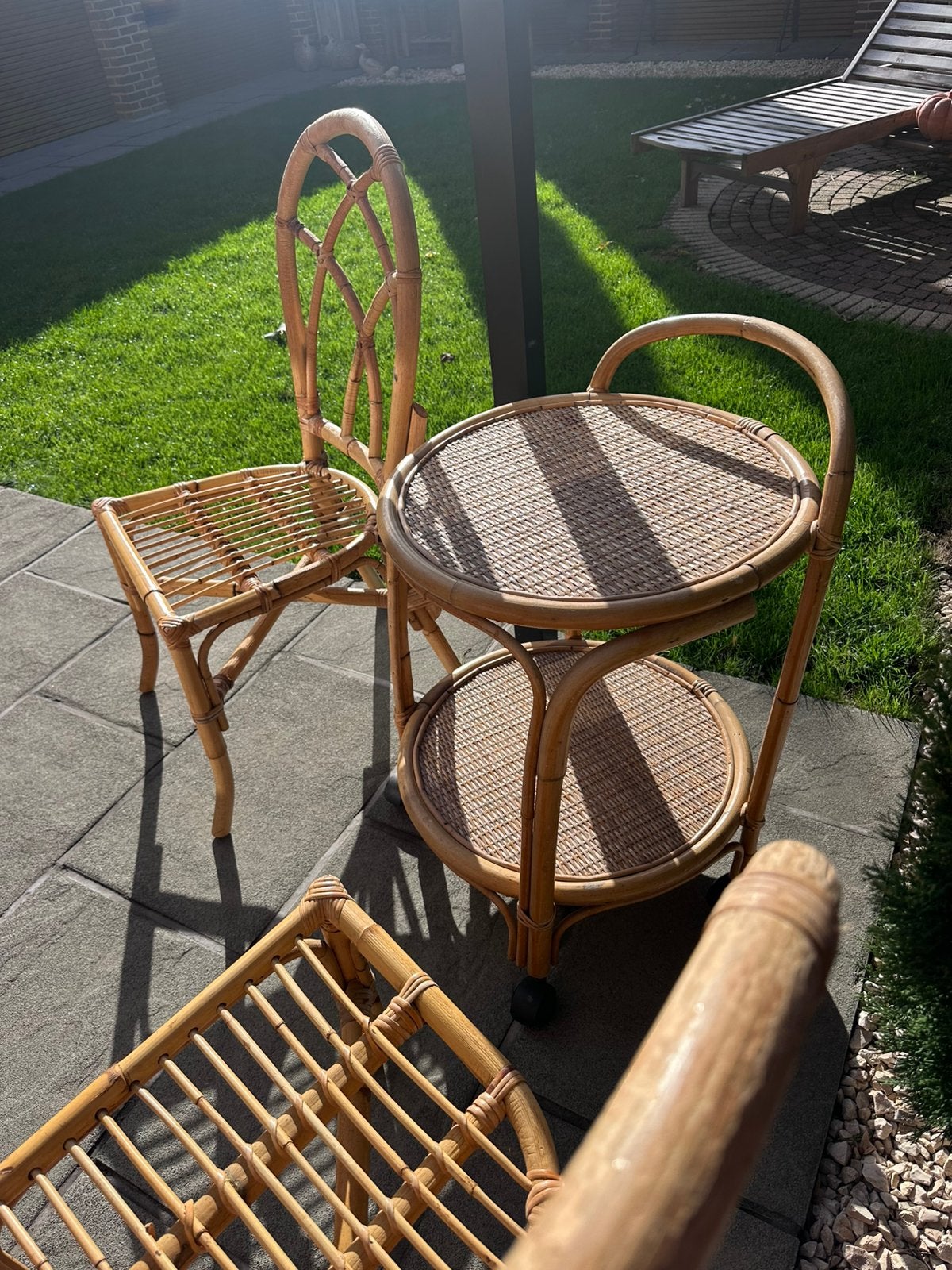 Vintage bamboe rotan tuinset , 3-delig, Ophalen, Gebruikt