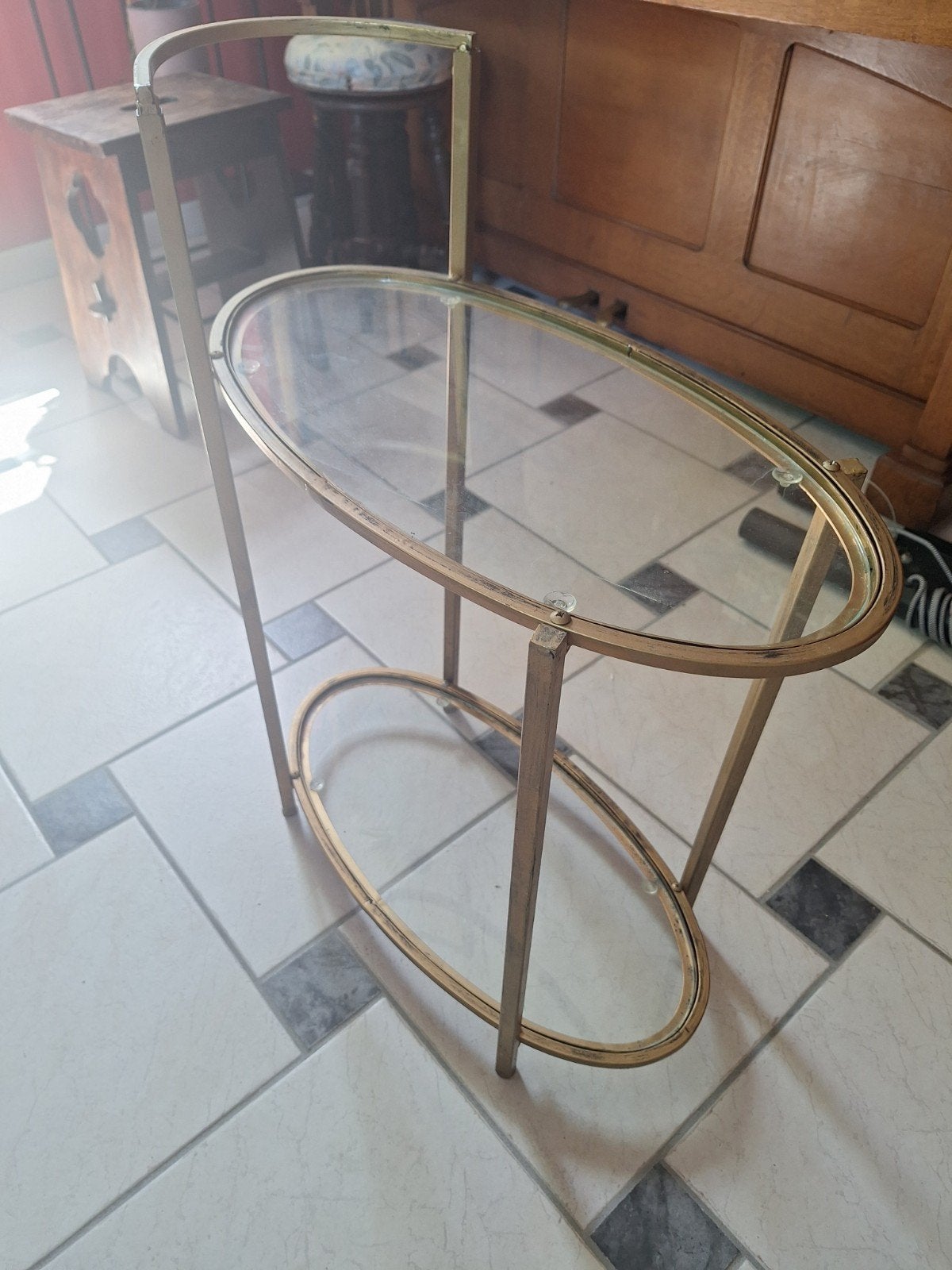 Ovalen messing bijzettafel/plantenstaander, 2 glazen niveaus, Ophalen