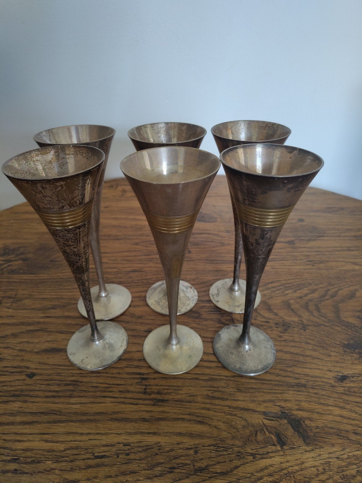 🥂 6 vintage champagneglazen in zilvermetaal en messing, Ophalen
