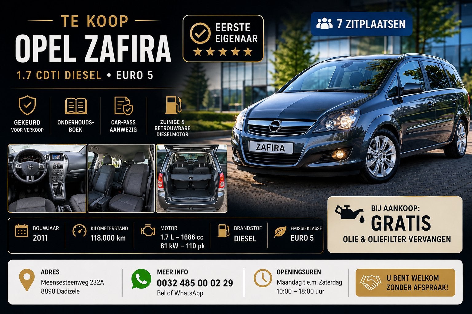 Opel Zafira 1,7L Diesel 7 sièges 118000 KLM, Autos, Euro 5, Achat, Entreprise, 7 places