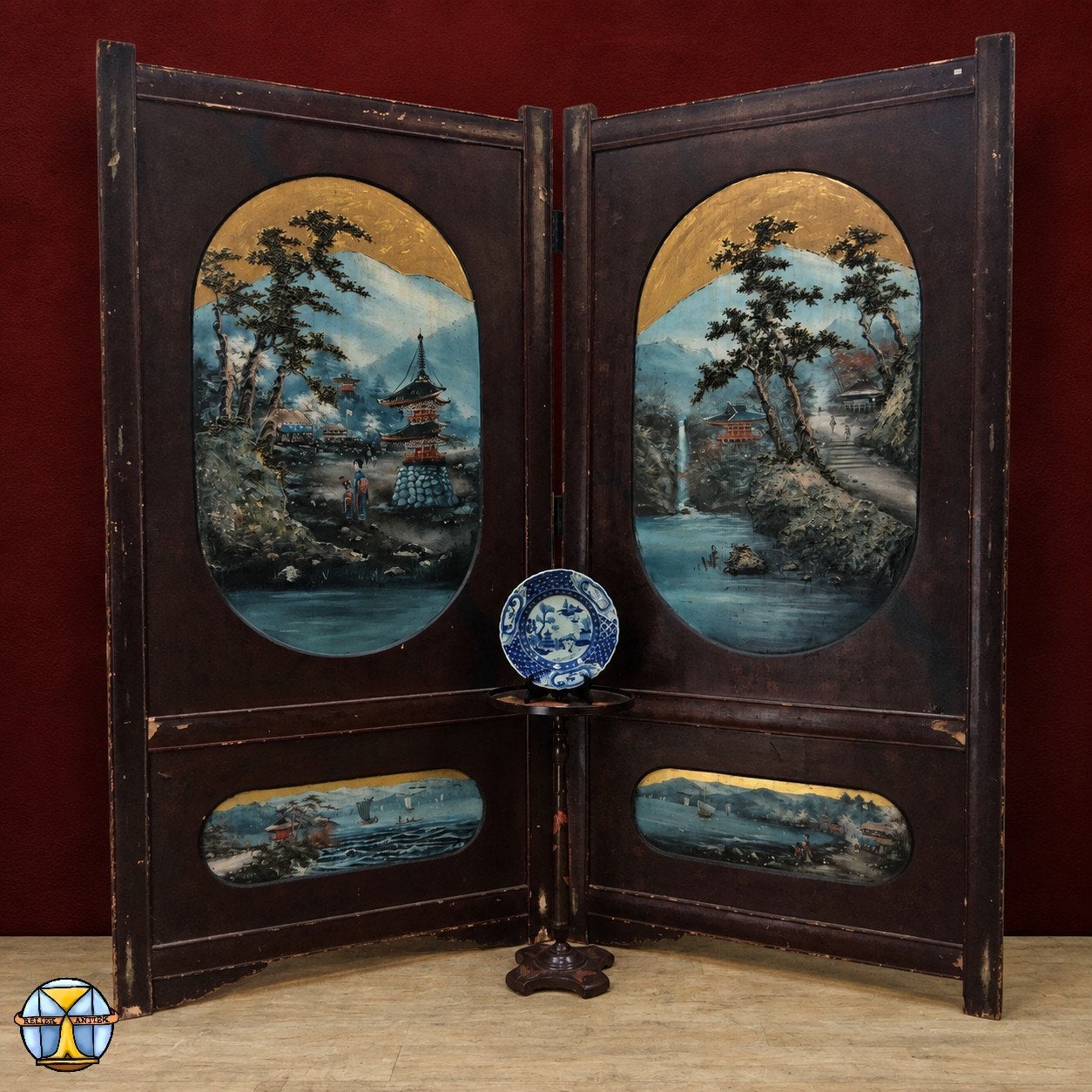 Vintage rood Chinees Kamerscherm (tempels en landschap), Ophalen of Verzenden, Gebruikt