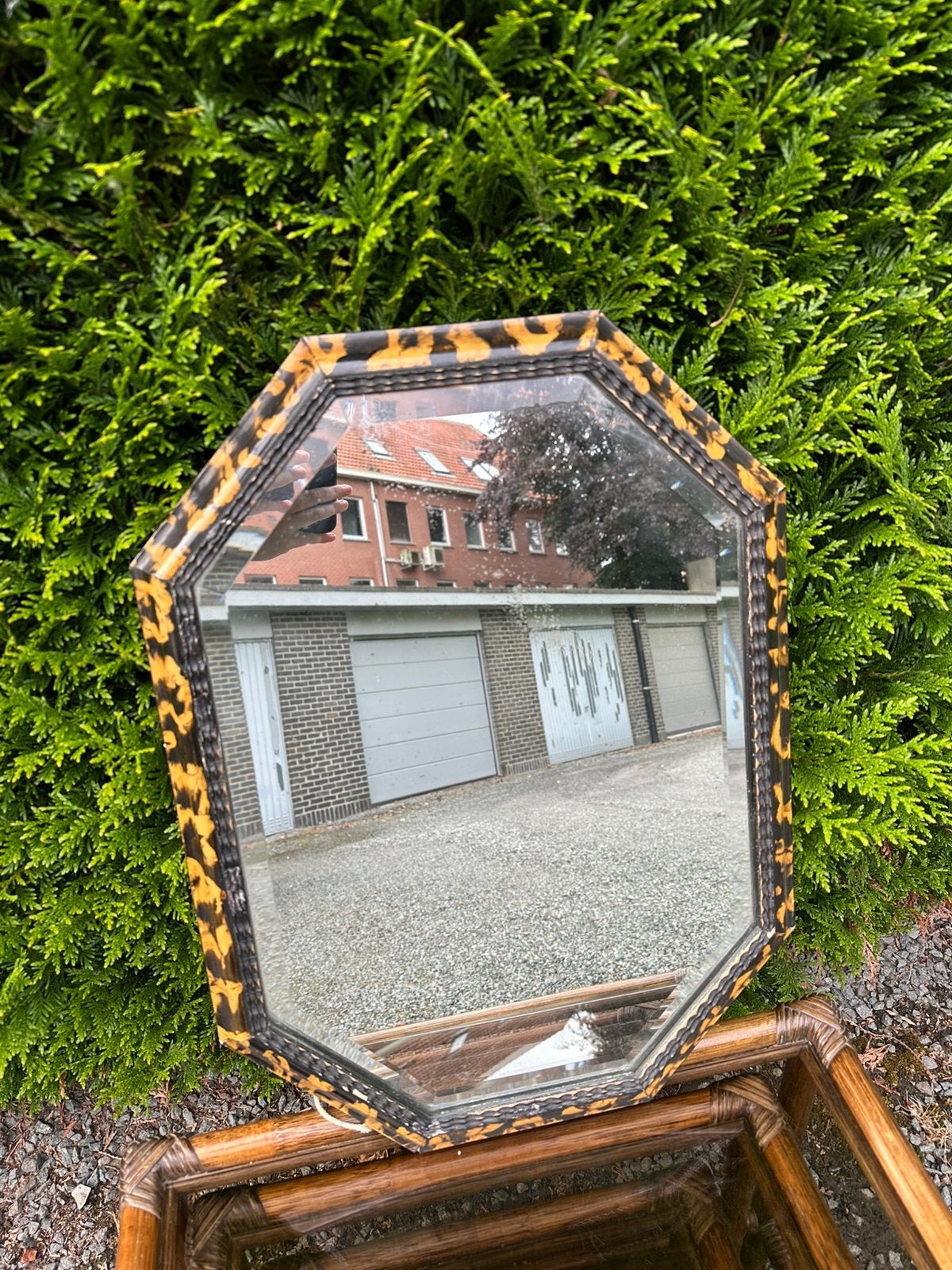 Vintage tortoise spiegel, Antiek en Kunst, Antiek | Spiegels, Ophalen, Overige vormen, Minder dan 50 cm, Minder dan 100 cm