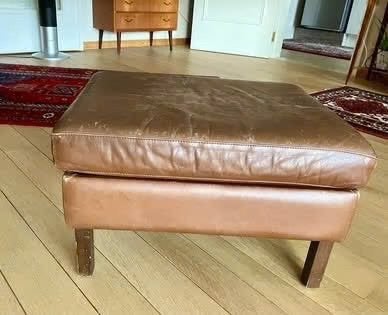 Vintage leren hocker / voetenbank - Deens design, Ophalen, Gebruikt, 50 tot 75 cm, Hout