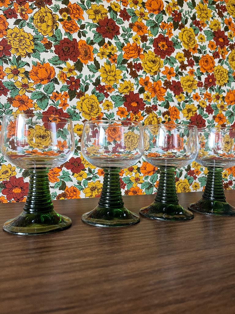 Vintage Roemer-glazen met groene voet, Ophalen, Glas of Glazen, Overige stijlen, Glas