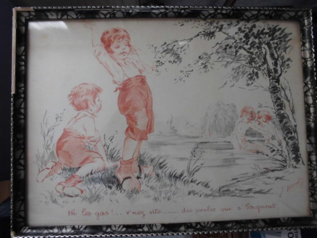 Dessin Naudy E, fusain à la sanguine - Edouard Raudin FR, Antiquités & Art, Enlèvement ou Envoi