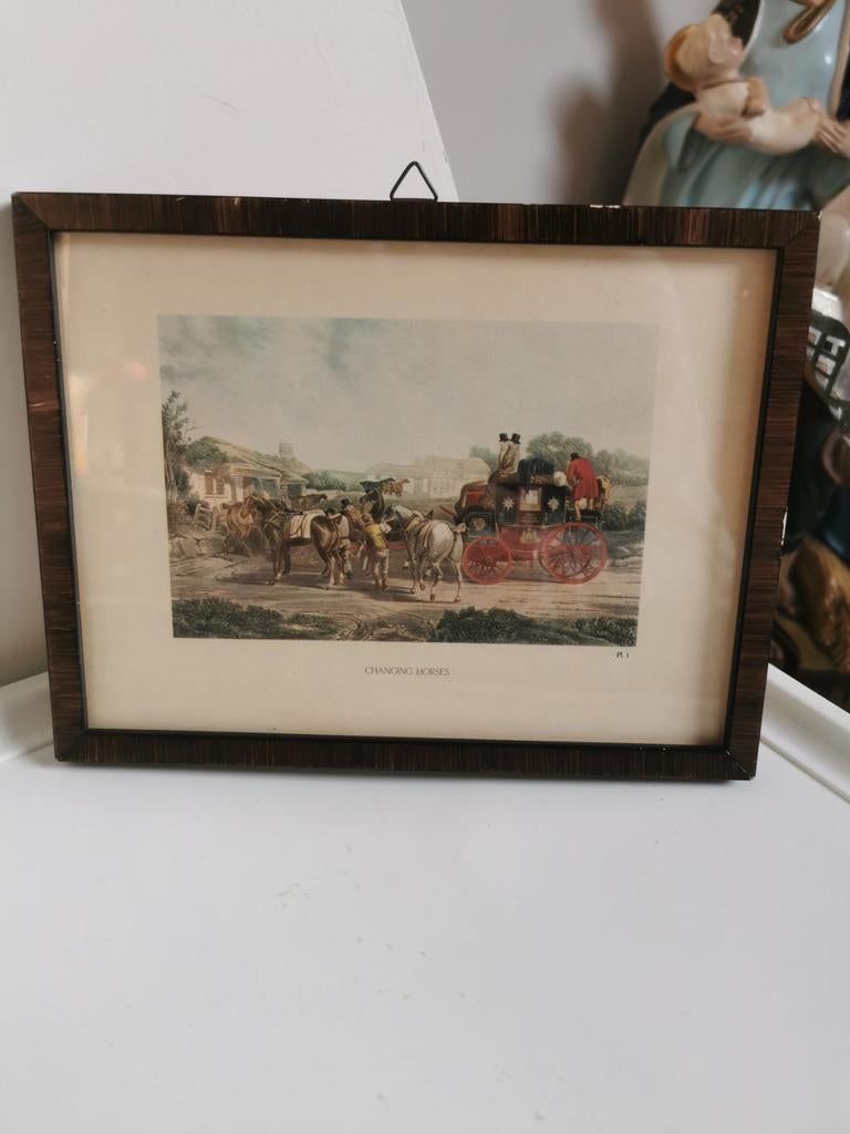 Cadre ancien avec sérigraphie Changer de Chevaux, Antiquités & Art, Enlèvement ou Envoi