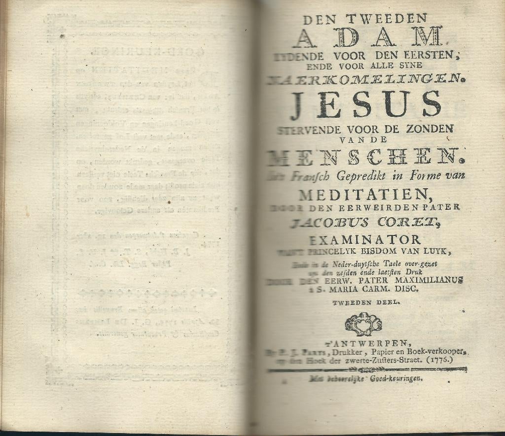 Den Tweeden Adam, lijdende voor den eersten J. Cortet 1775, Antiek en Kunst, Ophalen of Verzenden
