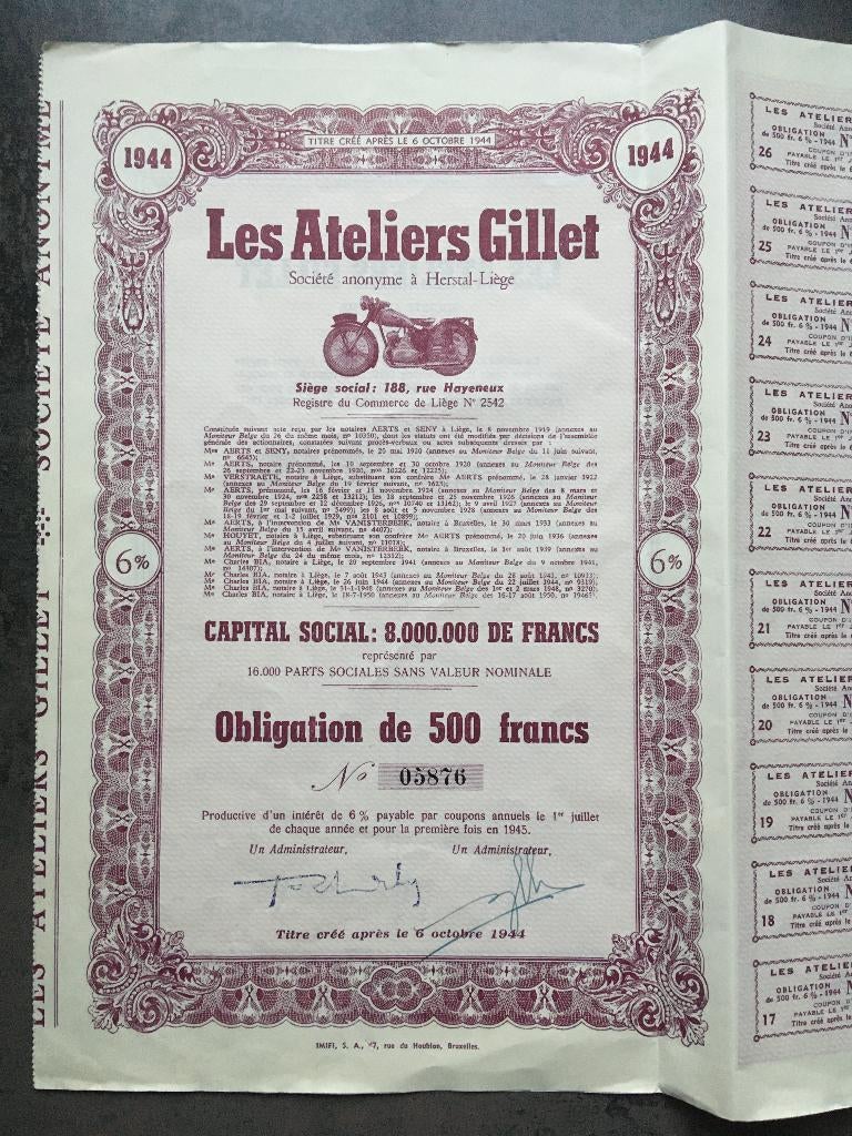Obligation ATELIERS GILLET, Enlèvement ou Envoi, 1920 à 1950, Obligation ou Prêt