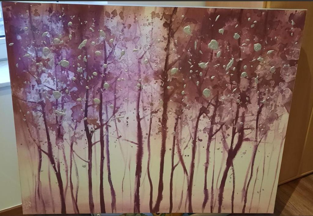 Peinture moderne rose et bordeaux avec accent argenté, Rose, Moderne, Tableau, Comme neuf