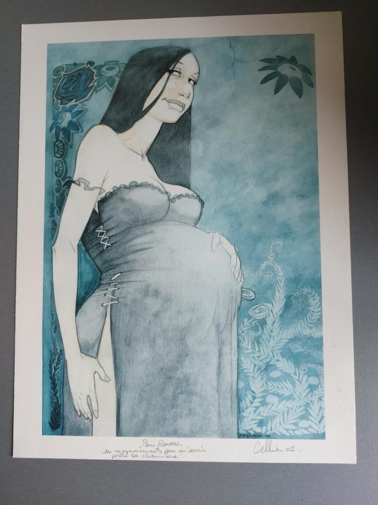 ex-libris Cellier Femme enceinte 40 X 30 cm, Une BD, Enlèvement ou Envoi, Comme neuf