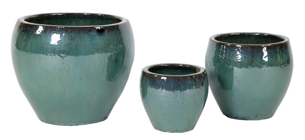 TUINPOTTEN CELADON GEGLAZUURD BOL 3 DLG SET NIEUW, Tuin en Terras, Bloembakken en Plantenbakken, Nieuw, Steen, Balkon, Tuin, 30 tot 60 cm