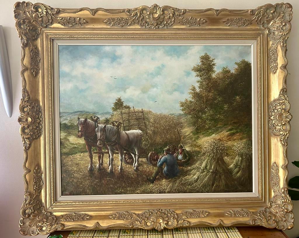 Antiek schilderij olieverf , paarden met kar en knechten, Antiek en Kunst, Ophalen
