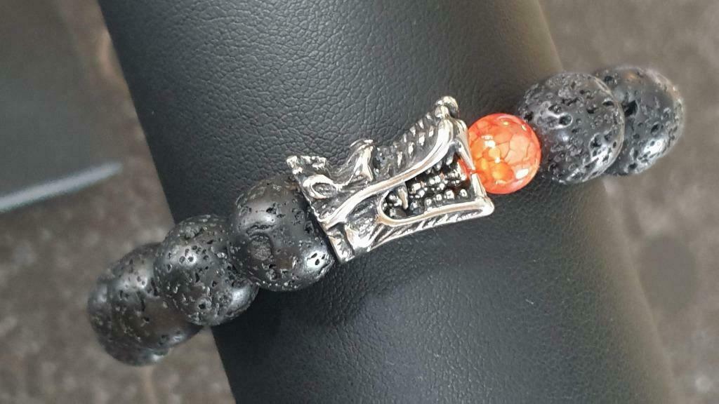 Armband voor mannen uit natuursteen (12 mm) met RVS draak, Staal, Zwart, Nieuw, Ophalen of Verzenden